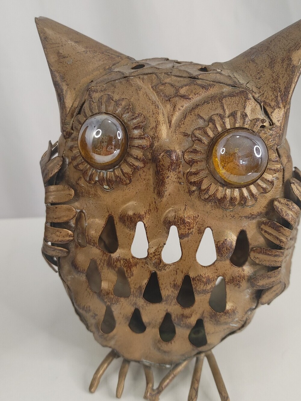 Vintage Metal Owl Tealight Candle Holders Pair 1970s Amber Glass Eyes 5.5" Retro - Picture 3 of 9